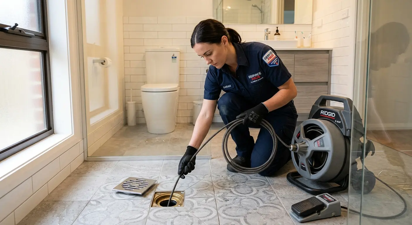 Technician clearing a bathroom floor drain for Drain Cleaning in El Cerrito
